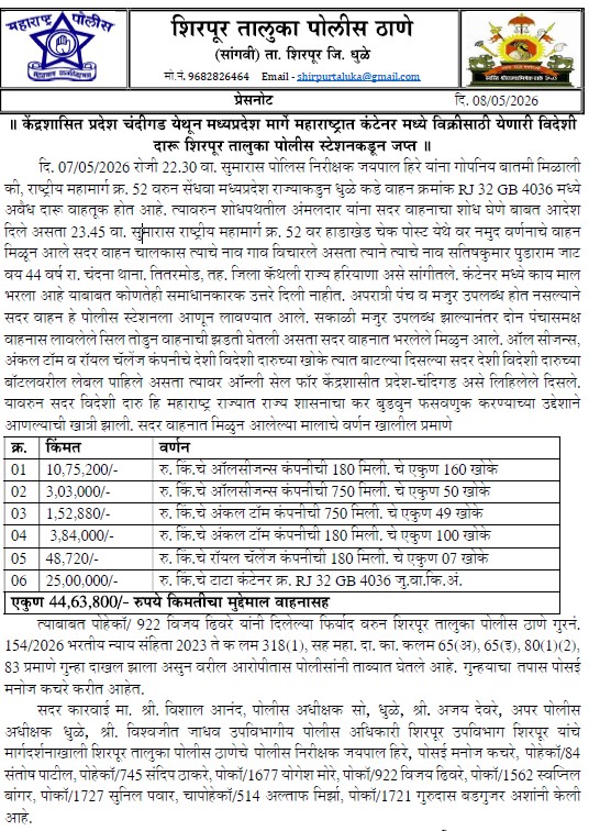 फोटो केंद्रशासित प्रदेश चंदीगड येथून मध्यप्रदेश मार्गे महाराष्ट्रात कंटेनर मध्ये विक्रीसाठी येणारी विदेशी दारू शिरपूर तालुका पोलीस स्टेशनकडून जप्त.