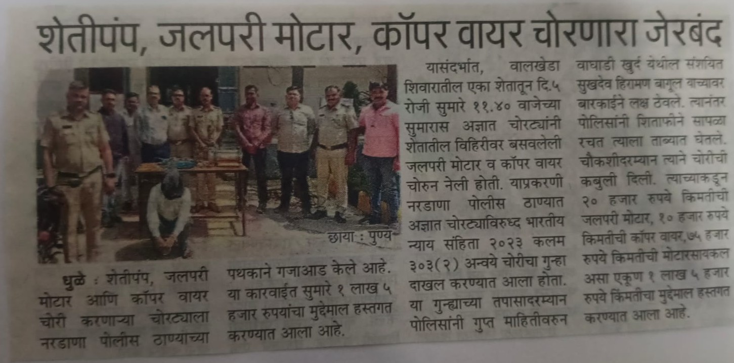 शेतीपंप, जलपरी मोटार, कॉपर वायर चोरणारा जेरबंद