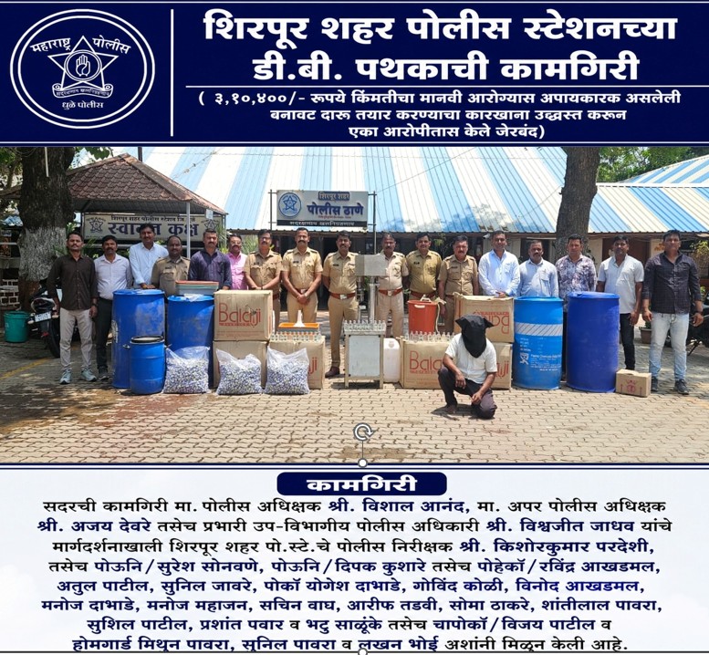 शिरपूर शहर पोलीस स्टेशनच्या डी.बी. पथकाची कामगिरी ( ३,१०,४००/- रूपये किंमतीचा मानवी आरोग्यास अपायकारक असलेली बनावट दारू तयार करण्याचा कारखाना उध्वस्त करून एका आरोपीतास केले जेरबंद)
