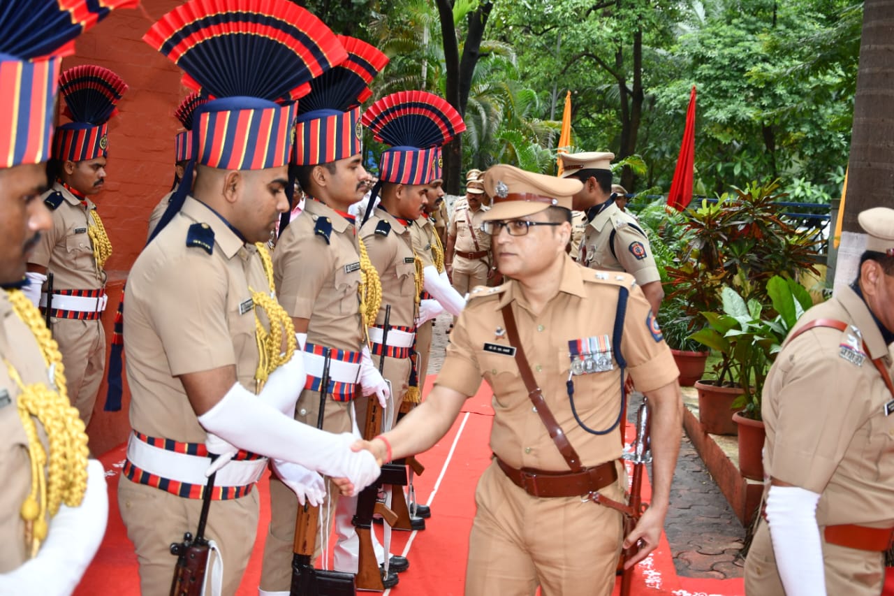 "On the occasion of Independence Day, the Flag Hoisting Ceremony was held at the Office of the Superintendent of Police, Thane Rural, by Hon. Superintendent of Police Shri D. S. Swami."